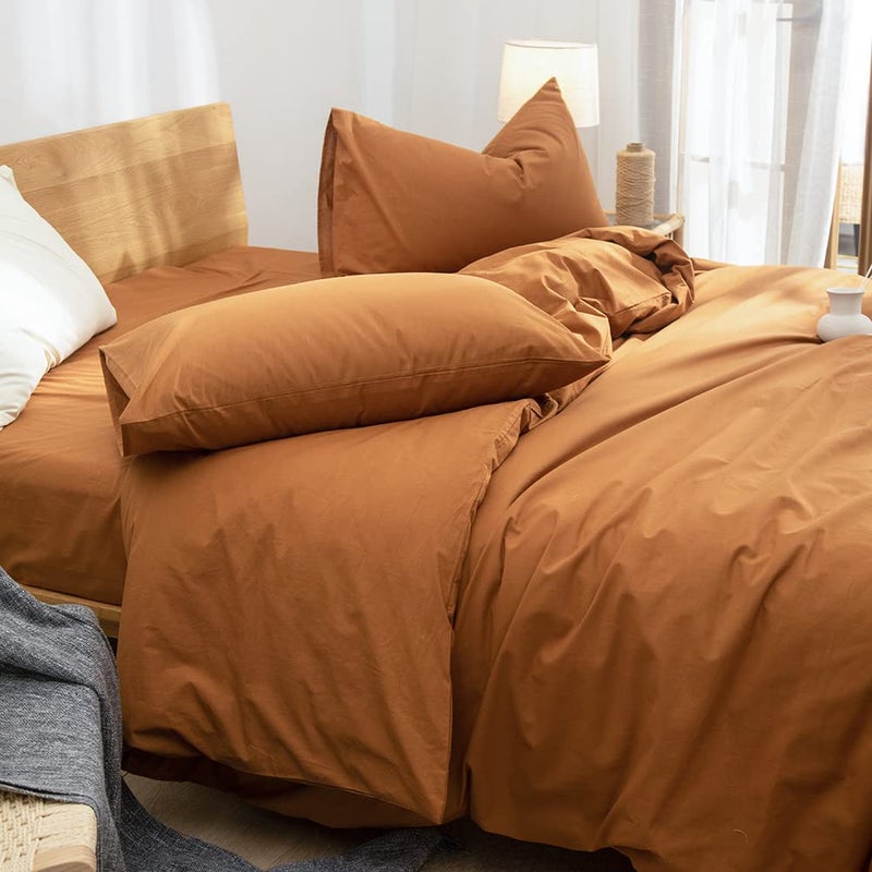 DONEUS 100% Washed Cotton Duvet Cover Set Super Soft Breathable Comfy Natural Linen Like Textured Bedding Set 3 Pieces with Zipper Closure (Burnt Orange, Twin) - Image 3